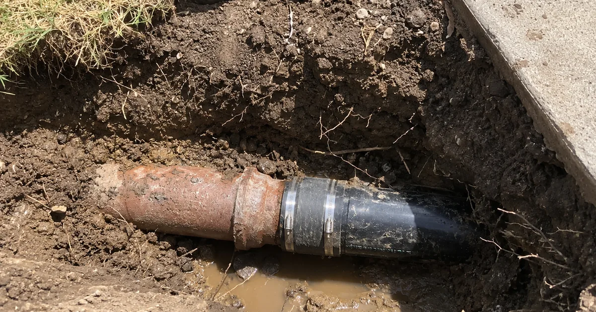 An exposed sewer lateral in a shallow dirt trench where old clay pipe meets newer black ABS pipe at a rubber no-hub coupling with steel band clamps