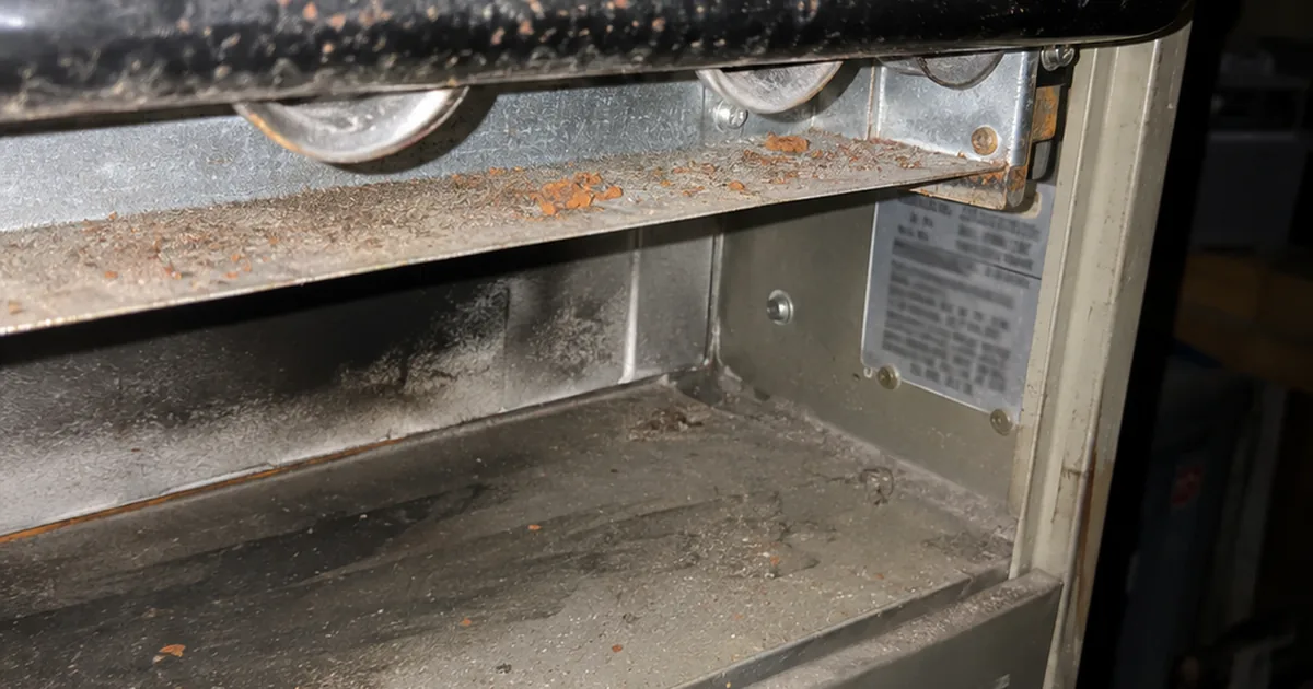 The open burner compartment of a gas furnace with a data plate on the cabinet, a few rust flakes below the burners, lit by a camera flash