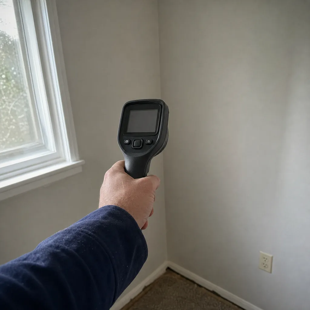 Inspection.re inspector aiming a handheld infrared thermal camera at an interior wall during a California home inspection